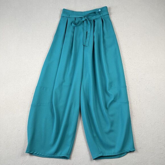 Valerie Villacampa Pleated Lantern Trousers Women’s 1 Blue Green Belted Wide Leg - Picture 1 of 16